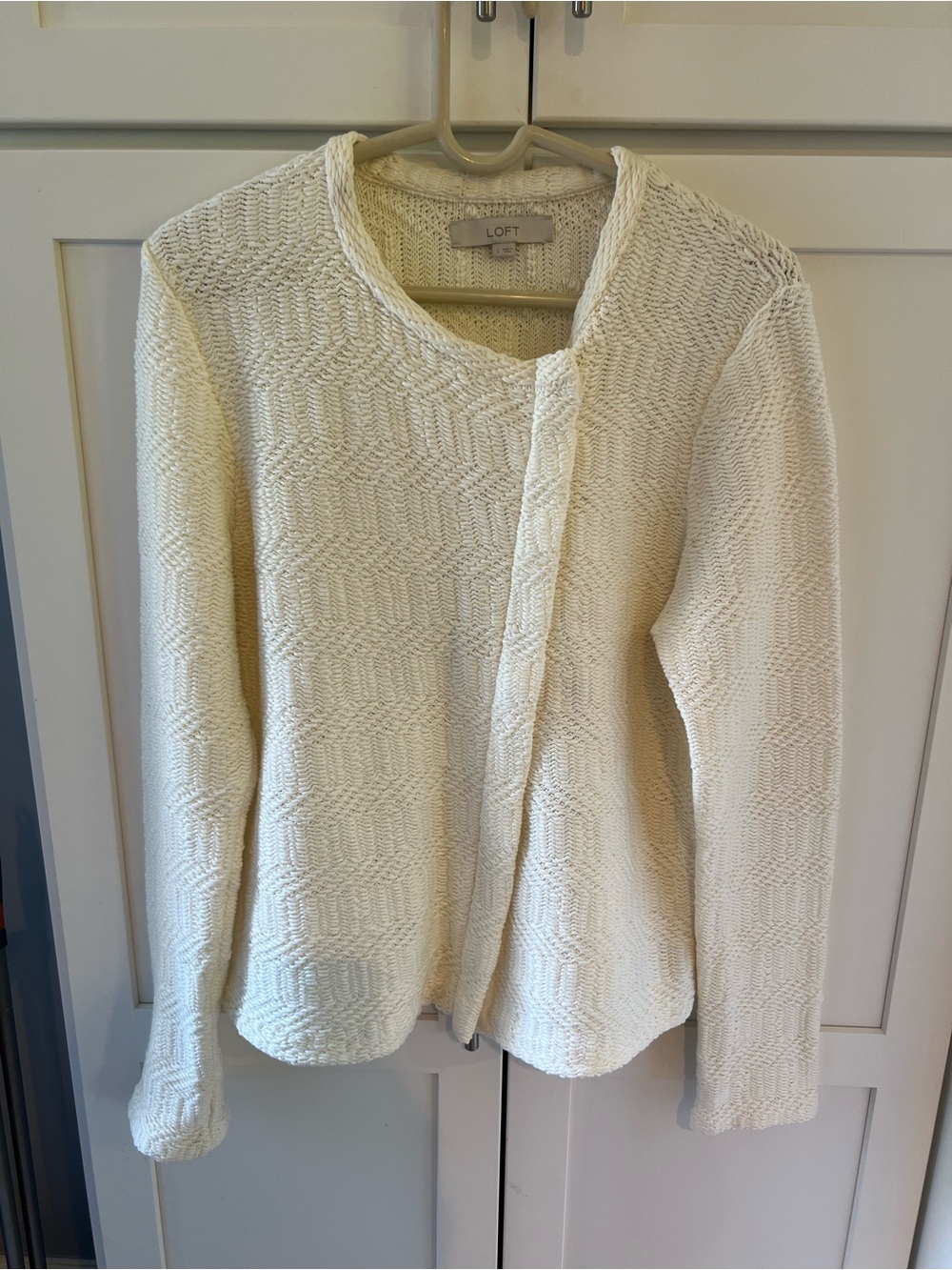 LOFT Women’s Ivory Solid Knit Asymmetrical Full Zip Cardigan Sweater Size L